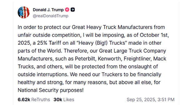 Trump posts 25% truck tariff on Truth Social September 2025